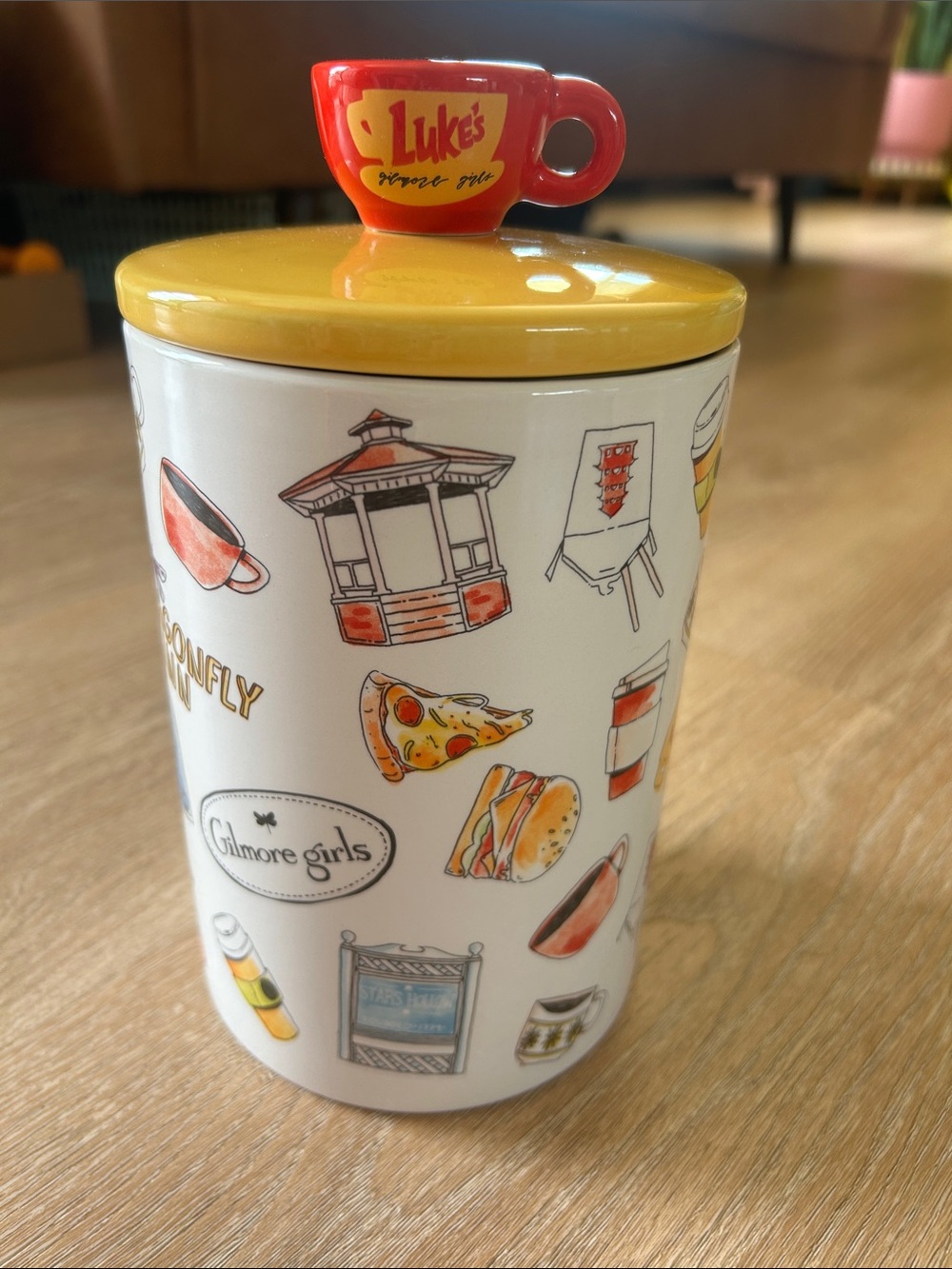Laura Ashley Gilmore Girls Ceramic Canister with Yellow Lid and Red Accent